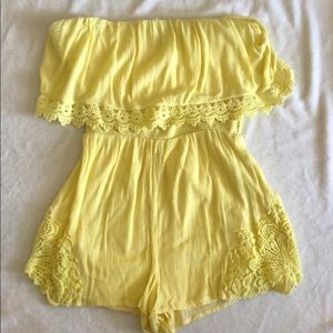 Yellow Strapless Lace Romper